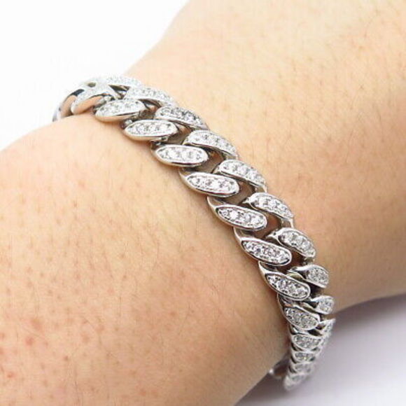 925 Sterling Silver C Z Cuban Link Bracelet 7.75